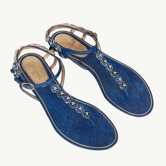 Chanel Blue Floral-Embellished Leather Thong Sandals - Picture 1 of 11